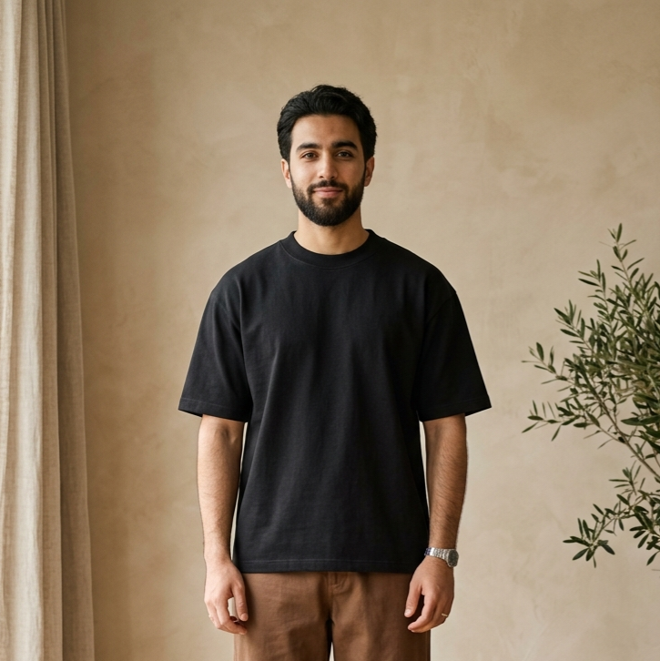 Man wearing a black t-shirt and brown pants standing in a room with a beige wall and wooden floor.