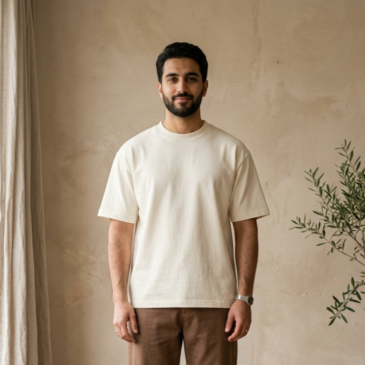 Man wearing a beige t-shirt and brown pants standing in a room with a neutral wall and plant.