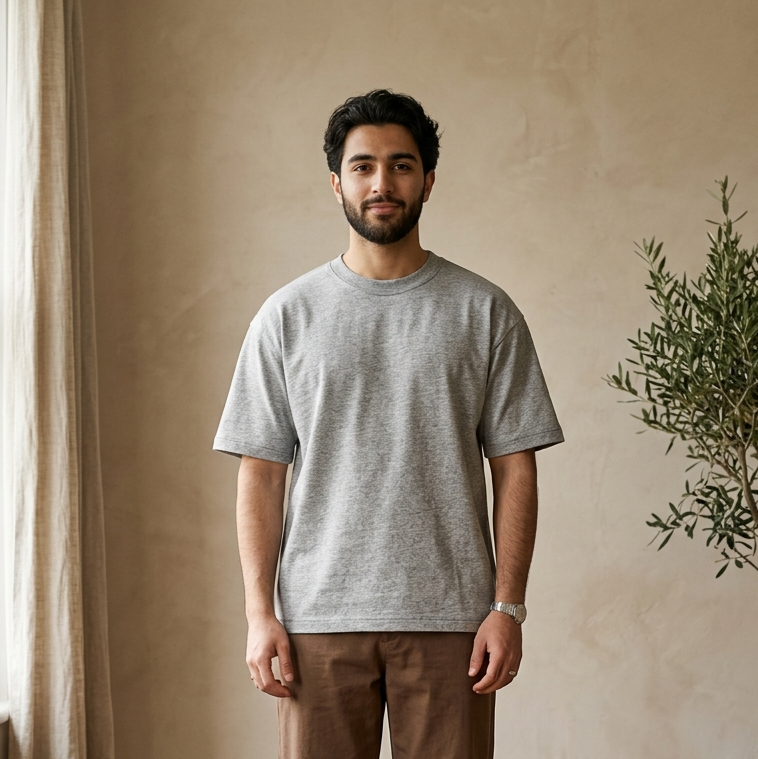 Man wearing a gray t-shirt and brown pants standing in a room with a plant and window.